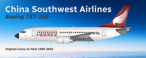 A selection of aircraft types formerly used by China Southwest Airlines: 1) Boeing 707-120; 2) Boeing 707-320B, 3) Tupolev Tu-154M, 4) Boeing 757-200, 5) Boeing 767-300ER, 6) Boeing 737-800, 7) Sukhoi SSJ100, 8) Tupolev Tu-214, and 9) Boeing 737-300 - all shown in side view.