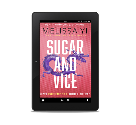 The covers of Melissa Yi's The Shapes of Wrath, Sugar and Vice, and Killing me Slothly