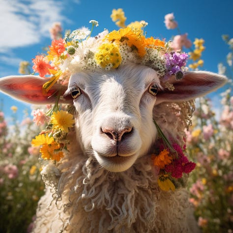 Portrait of a sheep with flowers in its fur, zoomed out image of it with more surrounding flowers and one version whith even more flowers and some of them at the image border are blurred.
