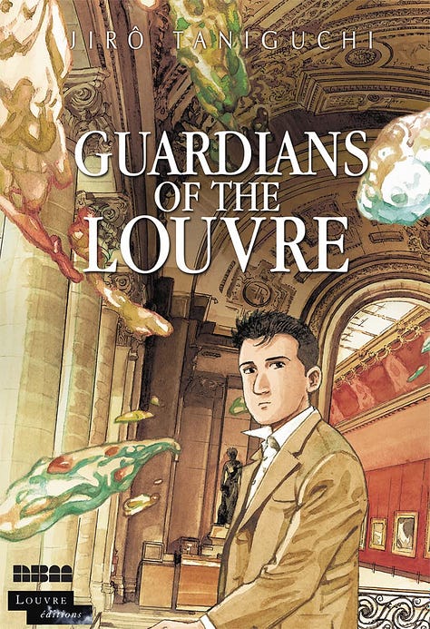 Book covers of "Guardians of the Louvre", "The Ice Wanderer and Other Stories", "A Journal of My Father", "Sky Hawk", and "A Zoo in Winter" by Jiro Taniguchi