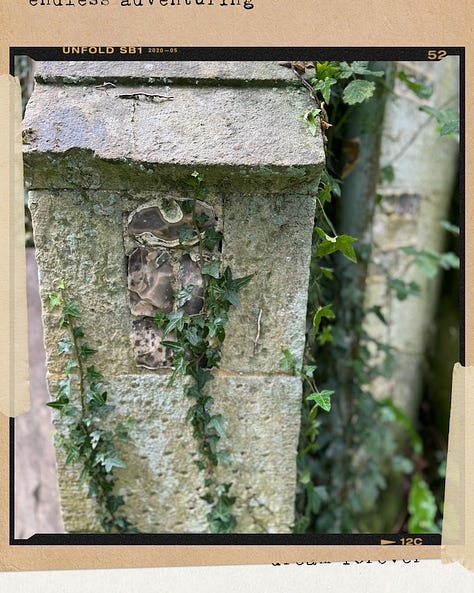 The images feature the outside of a derelict church and weathered gravestones in the grass, evoking a sense of tranquility and reflection on life.