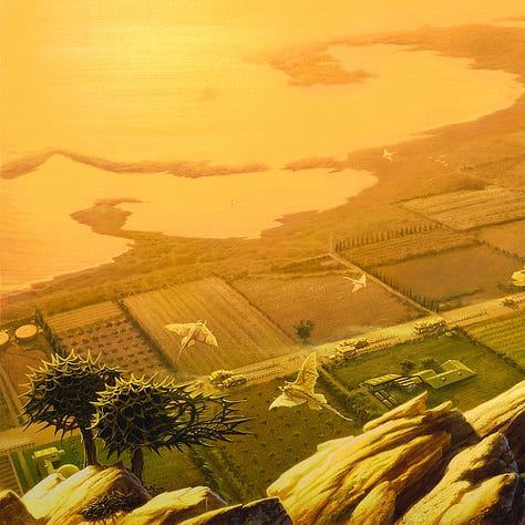 LEFT: Detail from DESTINY'S ROAD featuring aman standing on a rock outcrop overlooking a long road that leads through farmland and into a spiral that winds through a densely populated settlement.  CENTER: Closer detail from DESTINY'S ROAD featuring the figure poised at the mountaintop facing the sunset to the left. A tall tree with bristled top rises in front of billowing clouds. The road ends in a spiral to form a city.  RIGHT: Background detail from DESTINY'S ROAD featuring flying alien creatures soaring over the road as it is surrounded by farm plots.