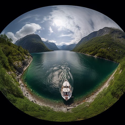 Fisheye lens effect by Midjourney for Fish | Norwegian fjords | Clown