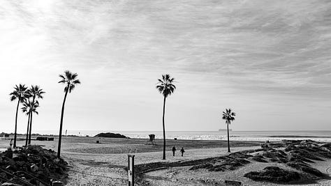 A series of six photographs showcasing the partially cloudy skies, clean sandy beaches, tall slender palm trees, and people enjoying the grounds at the oceanfront Hotel del Coronado resort. The photographs are shown in black and white 