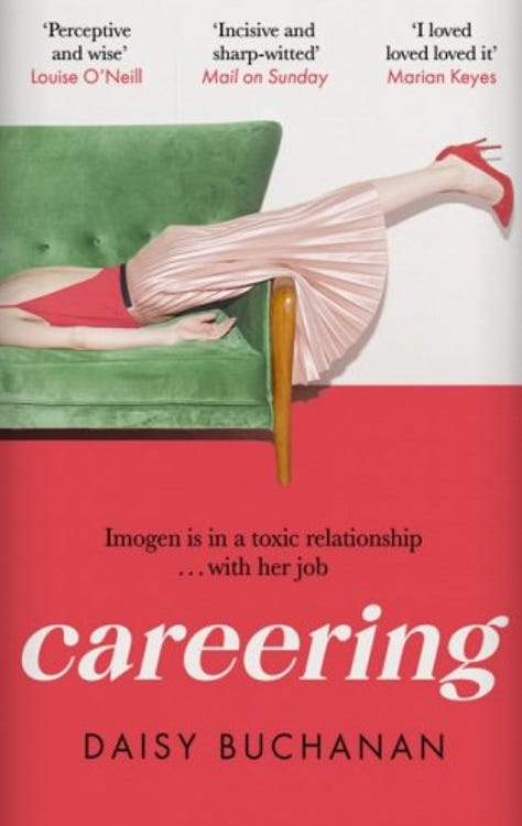 Book covers for INSATIABLE - two hands tearing an orange open on a dark background, CAREERING - a woman wearing a bright pink vest and a pale pink skirt, lying on a green velvet sofa, and LIMELIGHT, a woman in a black slip, with her legs raised