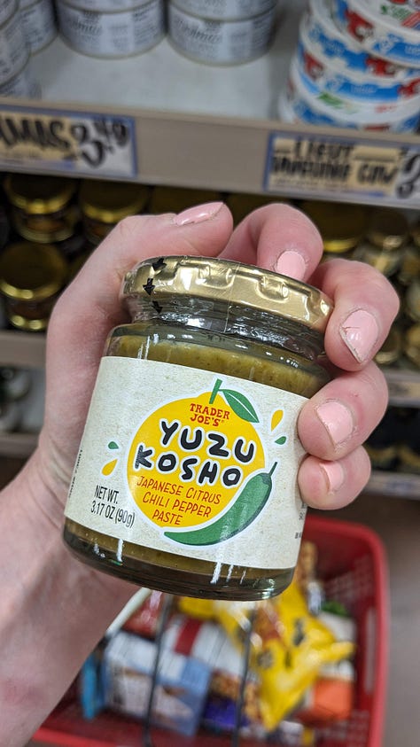 an image gallery of green chiles, fresh curry leaves, japanese citrus chili paste, grocery goodies taking up the floor, and a thrifted punch bowl and cups