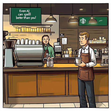 Cartoon illustration: Starbucks coffee shop. A frowning customer holds a coffee cup, saying to the barista, “Even AI can spell better than you!” The barista stands behind the counter, next to coffee machines, stacked cups, and ingredients. by DALL-E, FLUX, Ideogram, Imagen, Midjourney, Recraft. Stable Diffusion