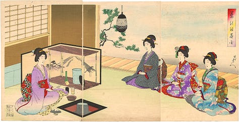 LEFT TO RIGHT: Jo-an tea house in Inuyama. Tea utensils from the 18th-19th century. Print by Yōshū Chikanobu.