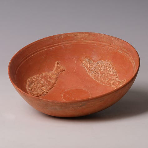 Greek Bronze bowl, Minoan patterned 2 handled Bowl and Roman terracotta shallow bowl with raised fish motif