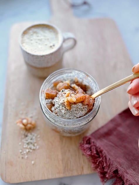 Overnight grain-free oats with apples in the bottom of the jar