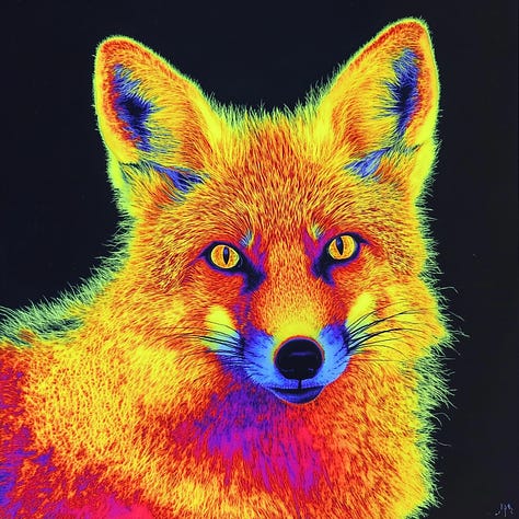 Fox, fruit basket, shooting stars, thermography in Midjourney