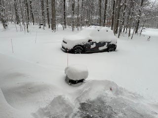 A group of nine images that showcase a snowcovered car, a man cleaning off the snow covered car, and other picture sof a snowy season