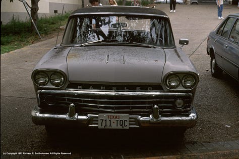 Professor Wing's car parked on the University of Texas campus. (Collection: photographer, Copyright © 1989 Richard Bartholomew All Rights Reserved)