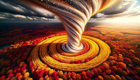 Ethereal spiral of vibrant autumn leaves in a golden tornado