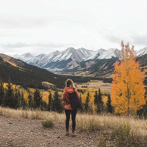 photo of a woman, mountains and trees in the distance --no background blur, bokeh