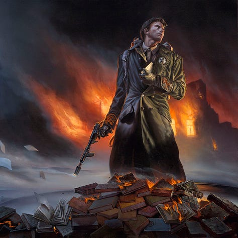 LEFT: Detail of Guy Montag standing in front of a burning house as he tucks a book into his leather jacket. A pile of books smolders in front of him, clearly lit on fire by him. He holds a pistol shaped igniter for his flamethrower in hand. CENTER: Close detail of the Guy Montag's wardrobe featuring a Phoenix emblem on his chest, salamanders on his jacket cuffs, and the number 451 on his collar. RIGHT: PARADOX (2020), Acrylic, 13 ½" x 8 ½", Figure study for FAHRENHEIT 451 by Ray Bradbury featuring Guy Montag concealing a book under his jacket. He wears a Gestapo style coat with a fuel tank strapped to his back and a Salamander (flamethrower) in his hand. Notably, the figure is more dashing here than the finished cover.