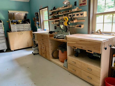 Photos of a woodworking shop showing a miter station and table saws.