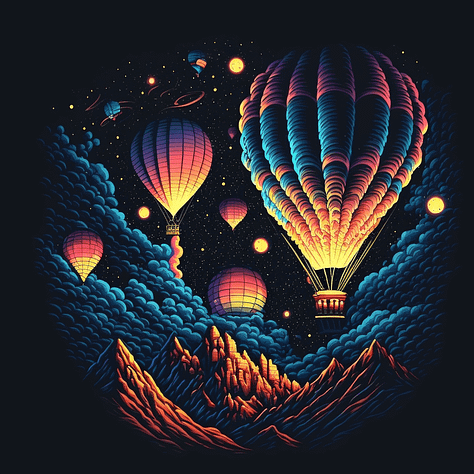 Midjourney images for 16-bit: Sunset over a city | Mona Lisa | Hot air balloons at night