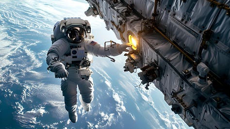 Astronaut floating near a massive space station, Earth's curvature in the background, vivid Earth glow, complex equipment detail, outer space depth, photorealistic, sci-fi blockbuster style