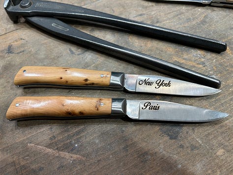 From left, showing the components of a knife making workshop--wood, blades and tools. Then the final product from a knife-making workshop in Lyon, France--beautifully polished knives.