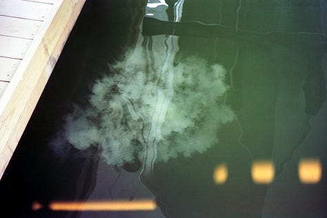 top row, left to right: nat lies face down in bed without a shirt on; their overgrown undercut is visible. a white liquid dissipates in green water under a dock. a bouquet of dried hydrangeas hang on a closet door. bottom row: the sun rises over a bedroom in cape may, nj. on blue film stock, nat floats in the lake and eats a peach. a pink bmw convertible is parked outside ike’s auto shop.