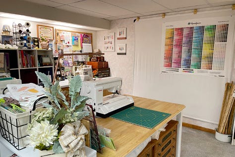 Photos (left to right) provide a 360° view around my sewing and art studio.