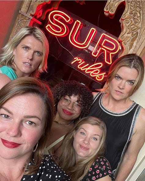 Left: Amber, Eliza, Missi Pyle, Nelini Stamp, and Linda Berg pose in front of the neon sign that says "SUR rules." Middle: Amber and Eliza take a selfie together in the desert. Wind is blowing Eliza's hair over her face. Right: Eliza, Amber, Missi Pyle, and Ashley Romans on the WGA picket line.