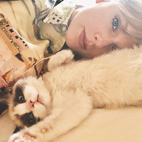 Taylor Swift on a bed with her tabby cat, a white cat with one of its back paws in the air as if in a yoga post, Taylor Swift lying next to a white kitten with racoon eyes