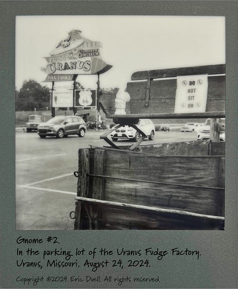 Photos of a garden gnome, framed in various ways, in a parking lot.