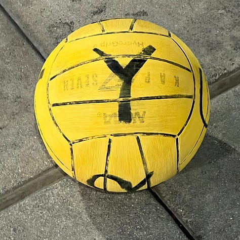 Water polo balls with bold black letters written on each face. The letters are X, Y, and S