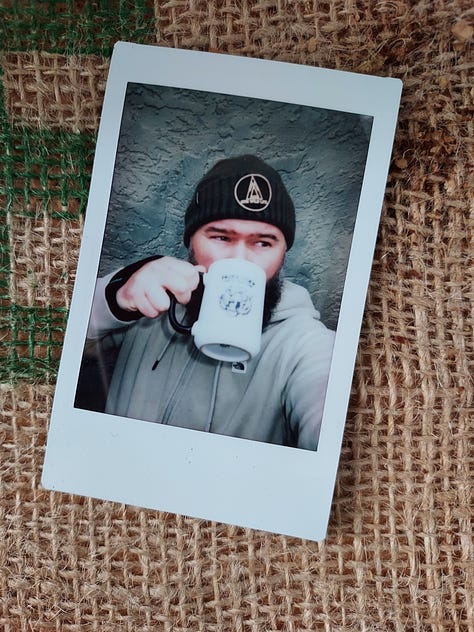 A collection of photos of coffee mugs or selfies of the bearded photographer drinking coffee.