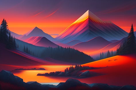 AI-generated images using this prompt: Stylized painting of a mountain range at sunrise.