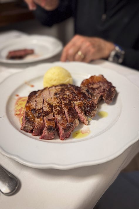 Trattoria Losanna's tagliolini with artichokes and bacon; beef loin steak (500g) medium and grilled vegetables