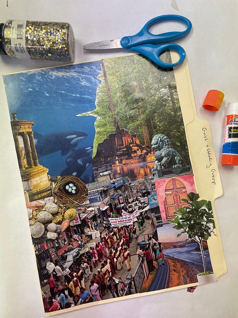 a gallery of three images: a paper collage on a file folder with scissors and a glue stick; a photo of the author in sunglasses and a new haircut; an image of a garden bed with purple rhododendrons and irises in bloom.