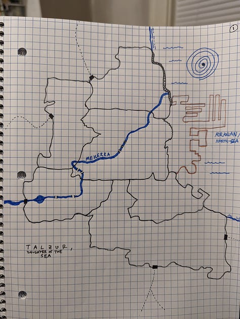 City maps of my fantasy metropolis Talzur, starting very complex and dense, then changing them to be simpler in shape to map out the faction HQs.