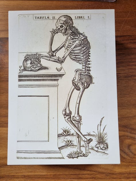 Photo 1: Aisling in the printing room, the printing presses are visible to the right. Photo 2: an image engraved on copper plate with the ink imprint of the image displayed in a book to the right. Photo 3: an imprint of a skeleton looking fed up. 