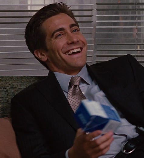 Photos of Jake Gyllenhaal in movies Love and Other Drugs, Donnie Darko, and Prisoners.