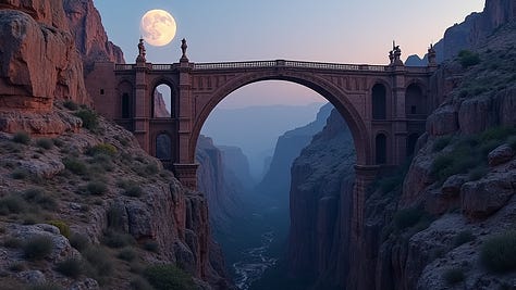 An ancient, ornate bridge spans a canyon. The bridge has intricate carvings and arches, and stands out against the rocky background, twilight sky with soft moonlight