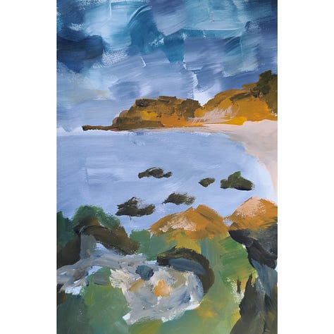 Timed paintings of coastal landscapes in acrylic gouache