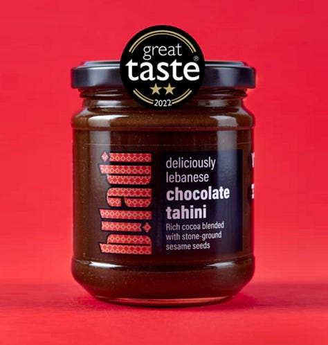 3 images of gift ideas: a jar of chocolate tahini, Bethlehem cookbook and a winter camel jumper