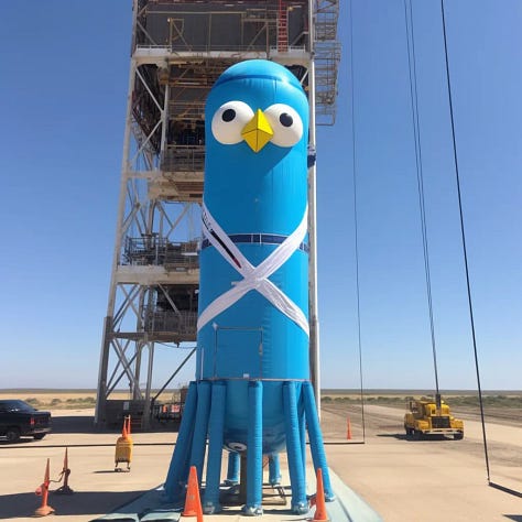 Rockets resembling Twitter bird mascot exploding on a launchpad.