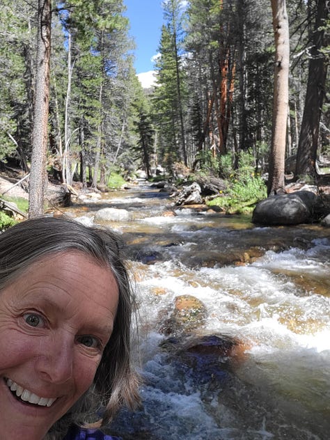 images of the granite and greenery of the majestic southern Sierra Nevada: Melanie and John at a bridge, PCT sign posts, mid-day nap,storm clouds coming, and atop Mt. Whitney at 14,505 feet