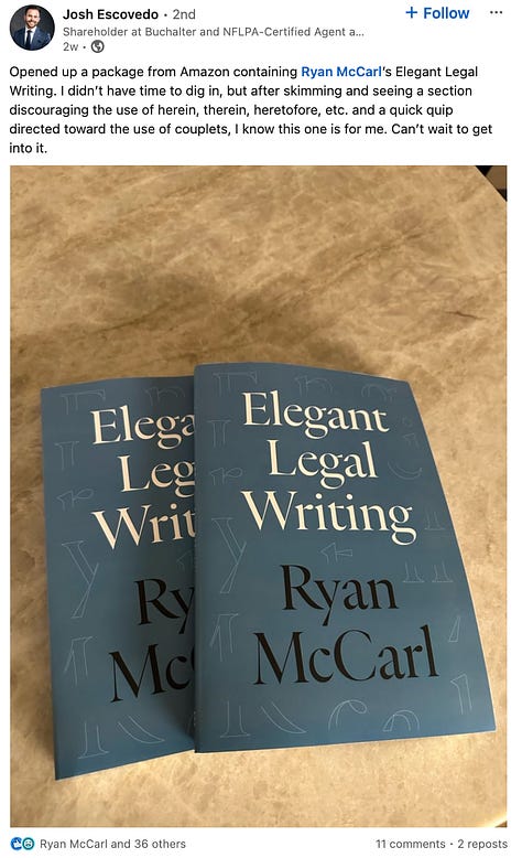 Social media posts and reviews of Ryan McCarl's Elegant Legal Writing