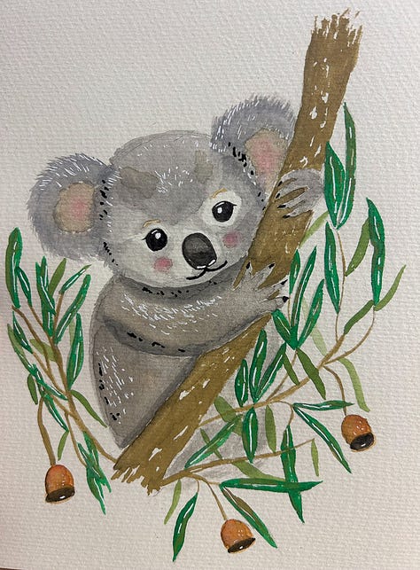 Three images, each with a watercolour/gouache painting. The first is of a yellow banksia flower, the second is a smiling rabbit with flowers in its hair, and the third is a koala clutching a tree branch.