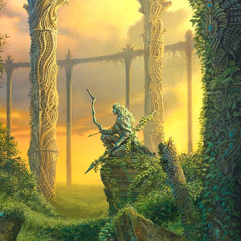 LEFT: Detail from EMPIRE OF GRASS featuring a statue kneeling among ancient ruins overgrown with grass and ivy. She holds a bow one-handed with an arrow knocked. In the other, she lightly grips a long spear with the tip angled down. CENTER: Close detail from EMPIRE OF GRASS featuring the statue of a long haired woman in Sithi armor. She kneels with one leg flat on the ground and a bow with arrow knocked balanced on her raised knee. In her other hand, she holds an ivy covered spear with barbed head pointing down. Her focus is in the distance past a pillar carved with elven grace. The sky beyond is a mix of gray clouds and golden light. RIGHT: Close detail from EMPIRE OF GRASS featuring a long sword and shield discard on grassy steps. Another skull and a dagger rest on the step above.