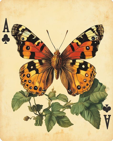 Playing card showing a butterfly, transformer, villager