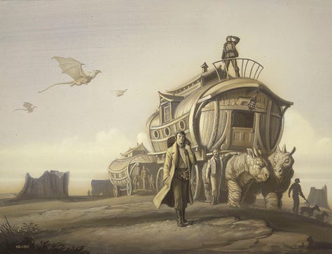 LEFT: Detail from THE RENEGADES OF PERN featuring a man with a bag slung over his shoulder walking with a caravan pulled by rough skinned pachyderms. Underneath his plain overcoat he wears bright red garb. His pants are baggy but tucked into his boots giving the impression that he’s used to this kind of travel. CENTER: Black and white preliminary concept for THE RENEGADES OF PERN featuring a man walking with a bag slung over his shoulder. A caravan follows closely behind. Drifting across the sky, a trio of dragons move left to right. There are no tall trees rising from the plains. Instead a few broken trunks can be seen flanking the caravan's path in the background. RIGHT: Tonal preliminary concept for THE RENEGADES OF PERN featuring a man walking with a bag slung over shoulder. A caravan follows far behind. Dragons casually drift in a line across the sky passing in front of tall, flat top alien trees.