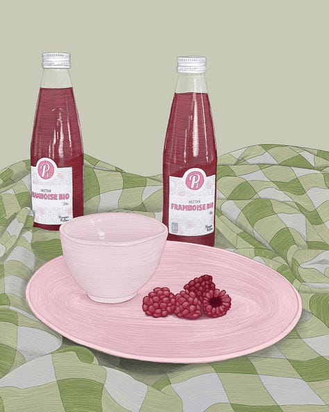 Travaux préparatoires, détails et dessin terminé de l'illustration pour la sortie des bouteilles de nectar de framboise bio : deux bouteilles sur une nappe de pique nique, à coté d'une assiette dans laquelle restent quelques framboises.