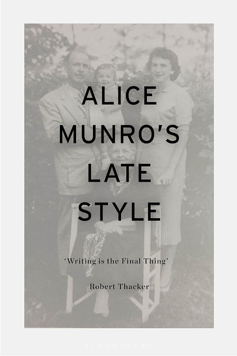 Covers of Robert Thacker books about Alice Munro. See links in text. Photo of Robert Thacker smiling beside a tree wearing a dark jacket, white shirt, and red tie.