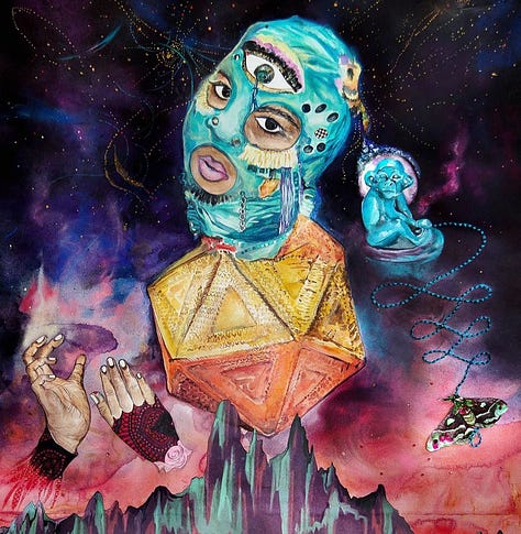Square thumbnails of three colorful, surreal artworks.